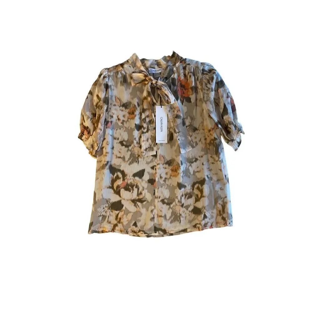 Calvin Klein NWT abstract, print, bowtie front short sleeve blouse size PXS